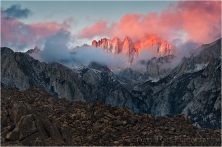 Alpenglow, Mt. Whitney and the Alabama Hills at sunrise, California