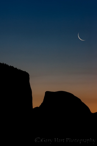 Gary Hart Photography: Sunrise Trio, Crescent Moon Above El Capitan and Half Dome, Yosemite