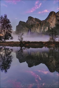 Gary Hart Photography: Sunset Moonrise Reflection, Bridalveil Fall, Valley View, Yosemite