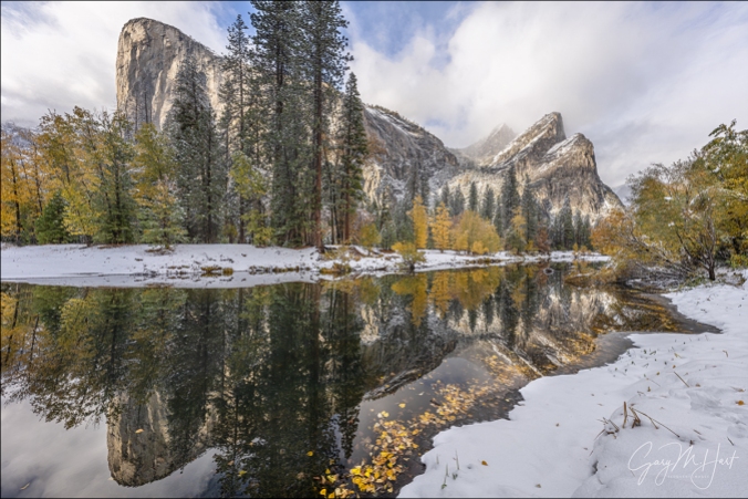 Gary Hart Photography: Autumn Snow, El Capitan and Three Brothers Reflection, Yosemite